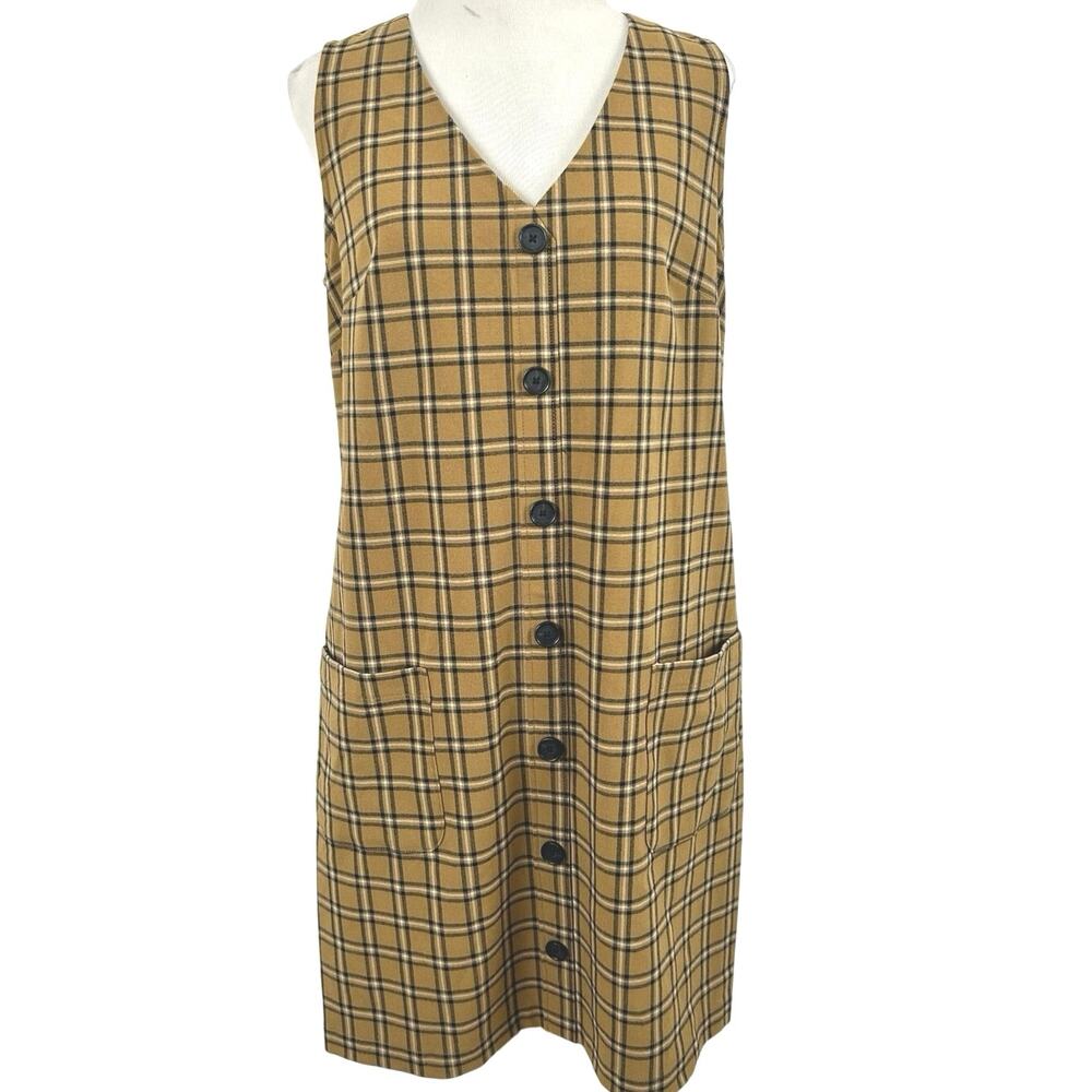 NWT LOFT Plaid Shift Dress Size 4 Brown Button Front Pockets Preppy Academia
